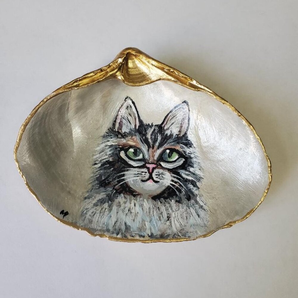 Shell Painting of Kitten Portrait, Hand Painted Gold Trim Trinket Dish Cat Lover